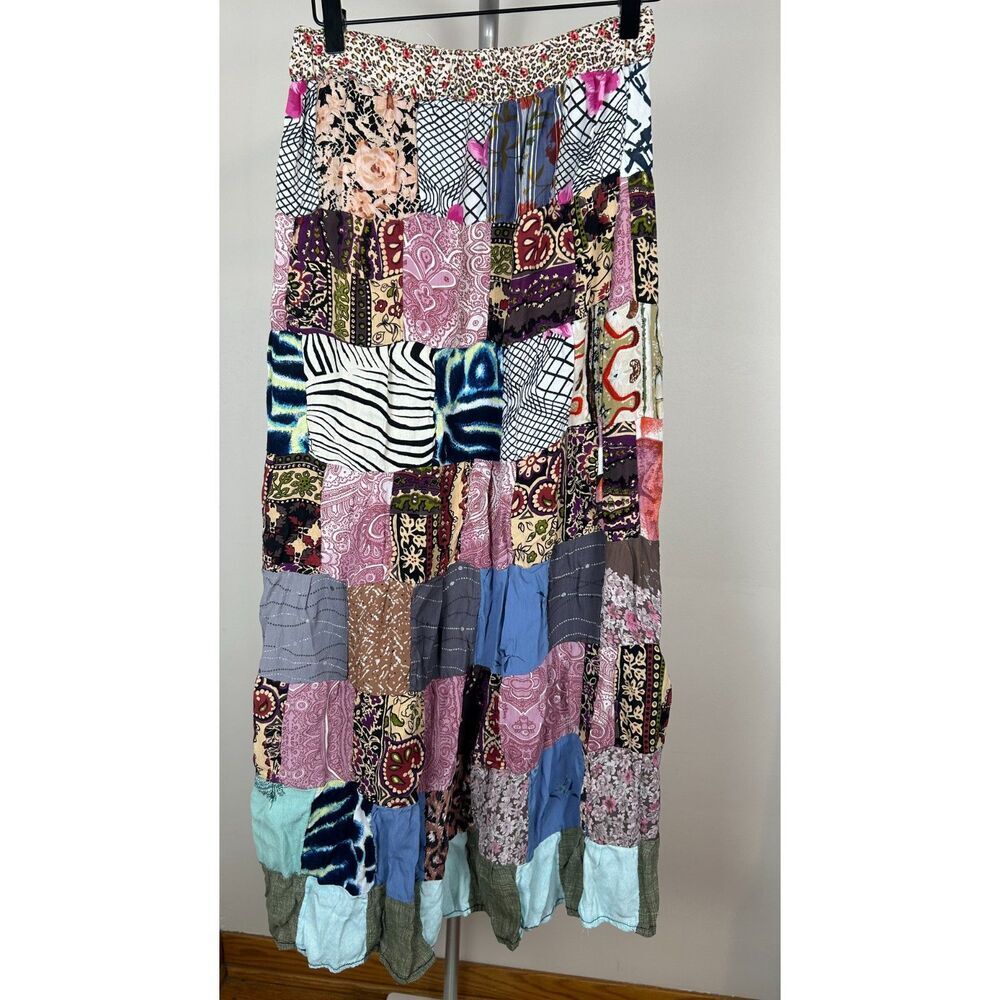 Sacred Threads Full Sweep Rayon Patchwork Patched Skirt Boho Hippy OS - Picture 3 of 5